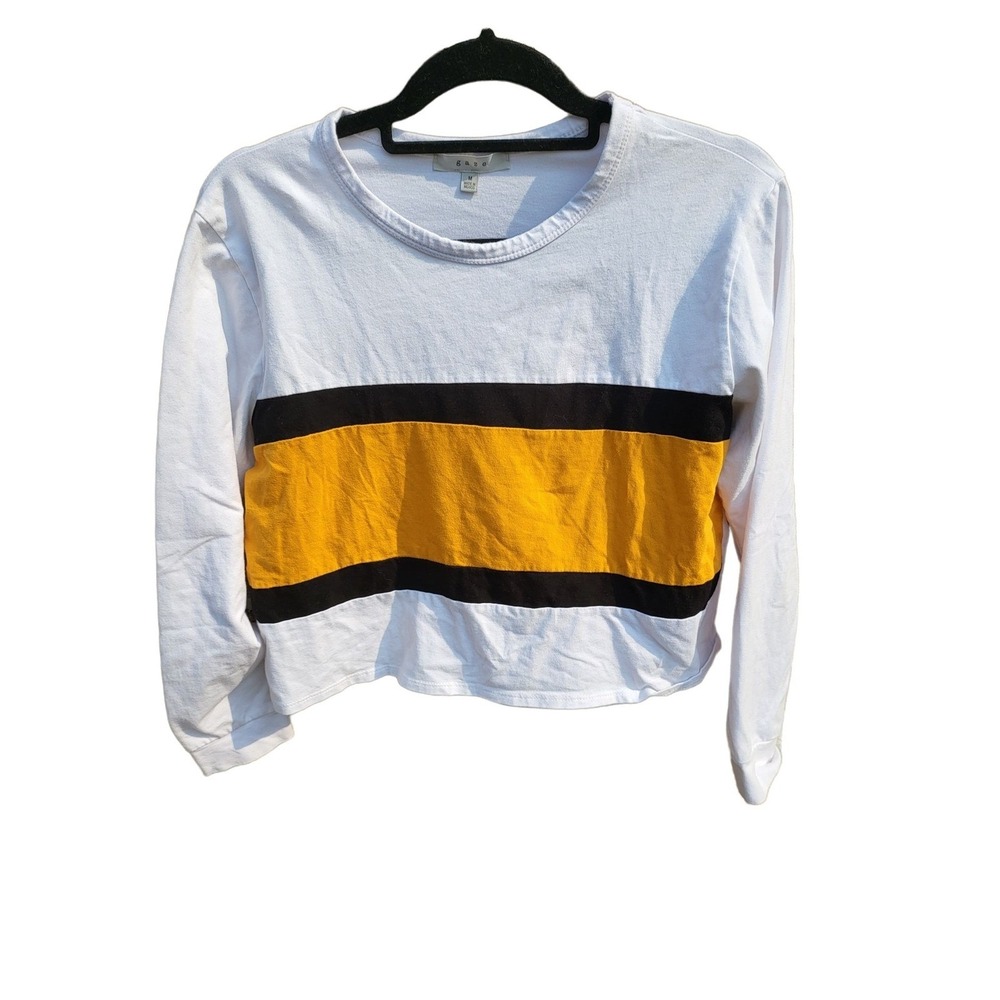 Gaze Long Sleeve Crop Top Medium Womens Color Block Crew Neck White Black Orange